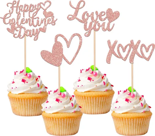 Miniatura 9 de Paquete de 24 adornos para cupcakes con purpurina en forma de corazón con temática de amor dulce, decoración de pasteles para el día de San