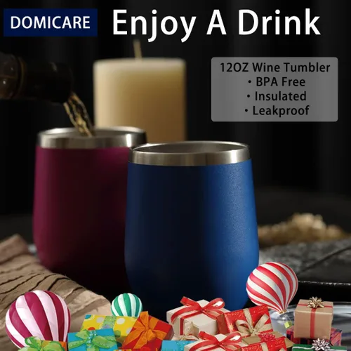 Miniatura 6 de DOMICARE - Juego de 4 vasos de vino de 12 onzas con tapa, hechos de acero inoxidable con aislamiento al vacío de doble pared, color azul oscuro