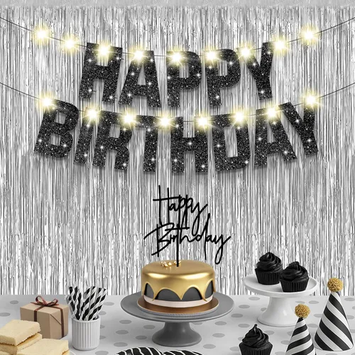KatchOn, Juego de decoraciones de cumpleaños negras y plateadas, paquete de 5, pancarta de feliz cumpleaños con purpurina, fondo plateado, luz LED,