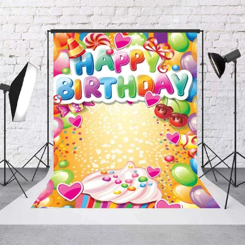 Miniatura 5 de Telones de fondo de fotografía de feliz cumpleaños, globos coloridos de 5 x 7 pies, fondo de fotos de dulces dulces para niños, fiesta temática