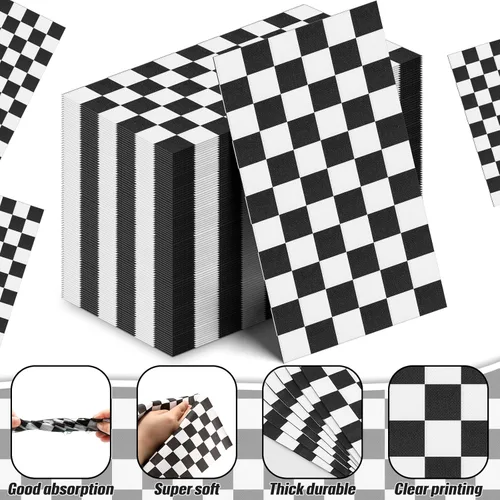 Miniatura 4 de Lincia 100 servilletas de papel desechables a cuadros en blanco y negro, desechables, para automóvil, carreras, suministros de fiesta de cumpleaños