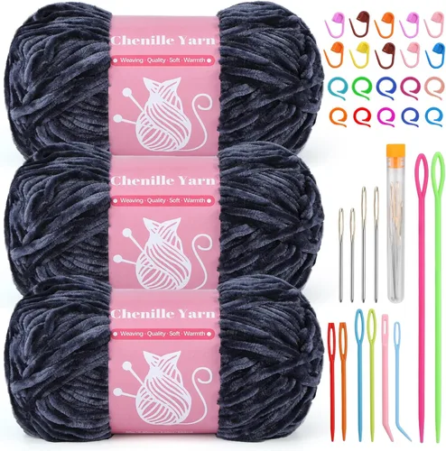 Miniatura 9 de LUNARM Hilo de terciopelo de felpilla para tejer a ganchillo, paquete de 3 unidades de 3.5 onzas / 3.5 onzas / 3.5 onzas para ganchillo y tejido