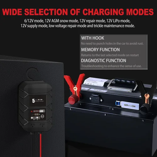 Miniatura 2 de BYGD Cargador de batería inteligente 5A 6v 12v automotriz, cargador de batería de flotador de ciclo profundo, desulfador de batería de reparación
