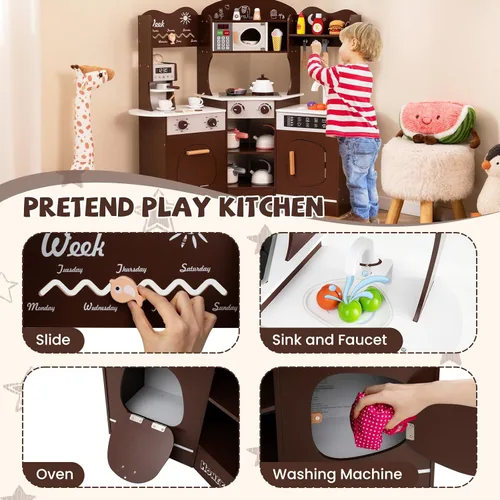 Miniatura 7 de HONEY JOY Cocina de Jugar de Esquina, Juego de Cocina de Madera para Niños Pequeños con Luces, Cafetera, Microondas, Fregadero, Grifo, Juego