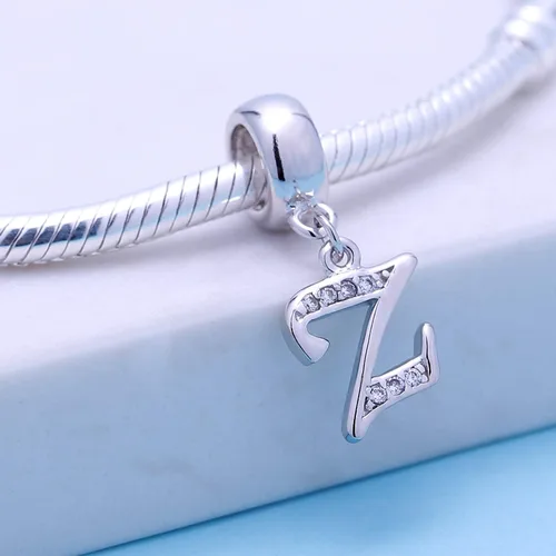 Miniatura 110 de ABUN Abalorio de plata de ley 925 con letra A a la Z, espaciador de inicial, con circonita cúbica transparete colgante, auténtica, para pulseras
