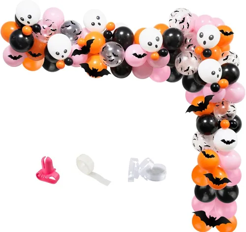 Kit de guirnalda de arco de globos de Halloween, arco de globos de Halloween rosa, negro y naranja con globos de aluminio BOO, globos de calavera,