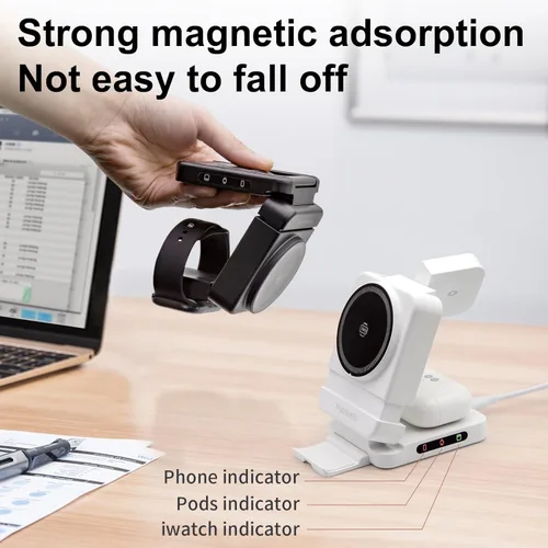 Miniatura 3 de Estación de carga inalámbrica plegable 3 en 1 Cargador plegable magnético para iPhone Apple Watch AirPods Estación de carga de viaje para Negro
