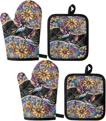 Miniatura 19 de UNICEU Juego de 4 manoplas de horno personalizadas y soportes para ollas, decoración de cocina, guantes protectores personalizados para hornear