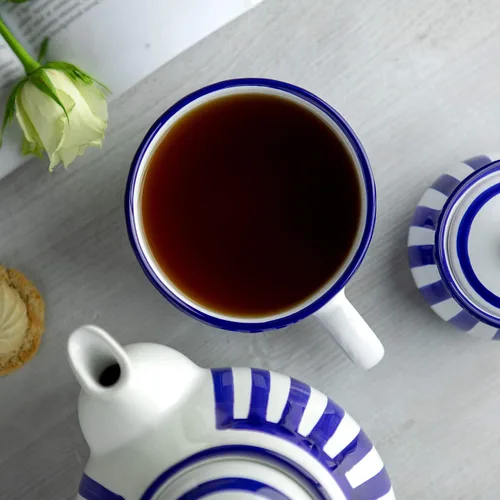 Miniatura 3 de City to Cottage Taza de cerámica hecha a mano, diseño de rayas azul marino, extra grande de 17.5 onzas, capuchino de cerámica, café, té, taza