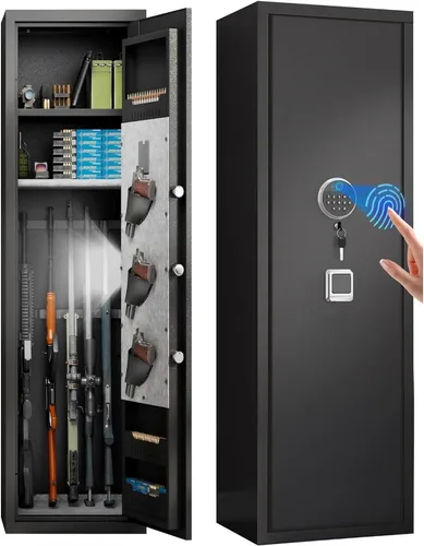 Miniatura 9 de [No requiere montaje] Caja fuerte para armas 8-12 para rifles y pistolas, bloqueo biométrico de huellas dactilares y teclado, caja fuerte