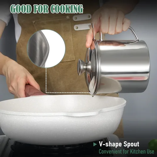 Miniatura 4 de Tellshun Recipiente de grasa de tocino con colador de 1.25 L / 42 oz fuerte atrapador de cocina de acero inoxidable de grado alimenticio con tapa