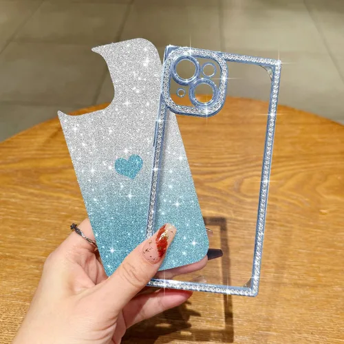 Miniatura 2 de Funda para iPhone 13, funda de diamantes de imitación de lujo con patrón de corazón de amor de cristal [papel con purpurina extraíble], parachoques