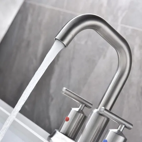 Miniatura 4 de Grifo de baño de níquel cepillado de 4 pulgadas y 2 manijas para fregadero de 3 agujeros, grifo de fregadero de baño central con ensamblaje
