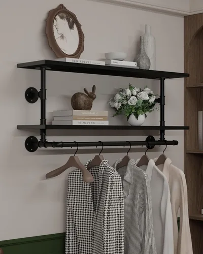 Miniatura 17 de Perchero negro de 36 pulgadas, perchero montado en la pared con estante de madera real negra, perchero colgante resistente, barra para colgar