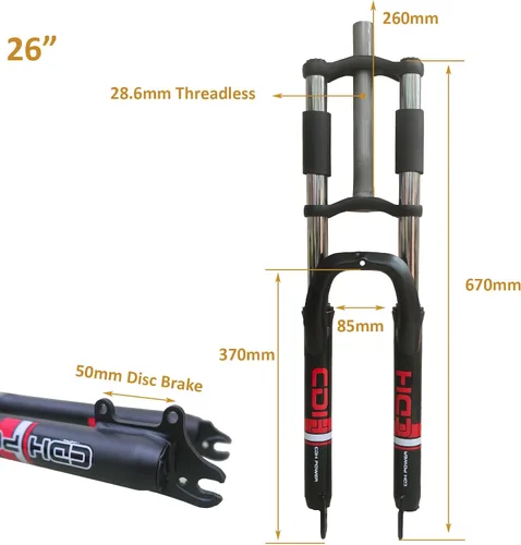 Miniatura 5 de Horquilla de suspensión para bicicleta de 26"/29" con auriculares 1-1/8, hombro doble, árbol triple, tubo recto sin rosca de 1.126 in, freno