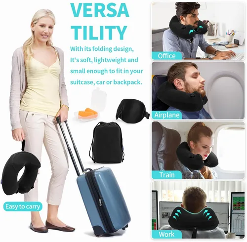Miniatura 6 de Paquete de 2 almohadas inflables de viaje para el cuello para aviones, almohadas de cuello de terciopelo para adultos para vuelo largo, kit