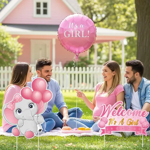 Miniatura 7 de 2 piezas de señal de jardín para baby shower con estaca, señal de revelación de género rosa, elefante, decoración de césped, bienvenida, es una