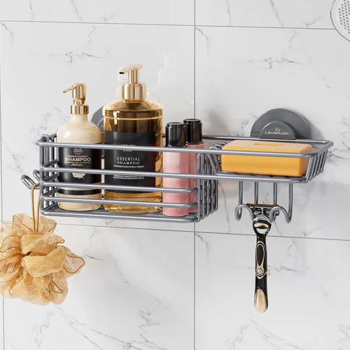 Miniatura 16 de LEVERLOC Cesta de ducha con ventosa, cesta de ducha con ganchos y jabonera para baño, organizador de ducha para baño sin necesidad de taladrar