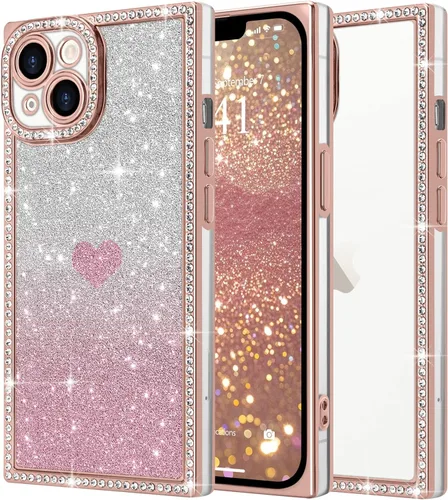 Miniatura 33 de Funda para iPhone 13, funda de diamantes de imitación de lujo con patrón de corazón de amor de cristal [papel con purpurina extraíble], parachoques