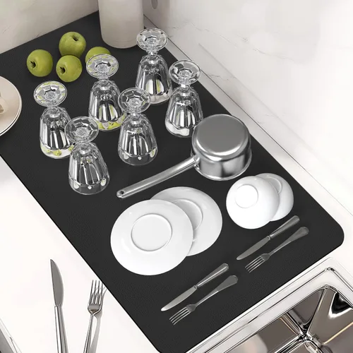Miniatura 2 de PoYang Tapete de café extragrande de 31.5 x 17 pulgadas, accesorios de barra de café para encimera, tapete absorbente para secado de platos, Negro