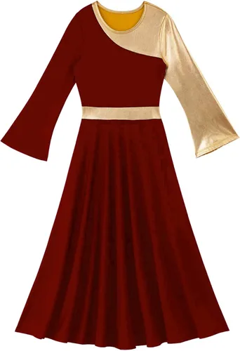Miniatura 6 de easyforever Vestido de baile de alabanza con bloques de color dorado metálico para niña, ropa de baile lírica cristiana, vestido de túnica de baile