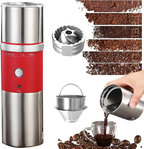 Molinillo de café portátil para rebabas, máquina eléctrica ajustable para fresas adecuada para viajes, camping con bolsa (rojo)