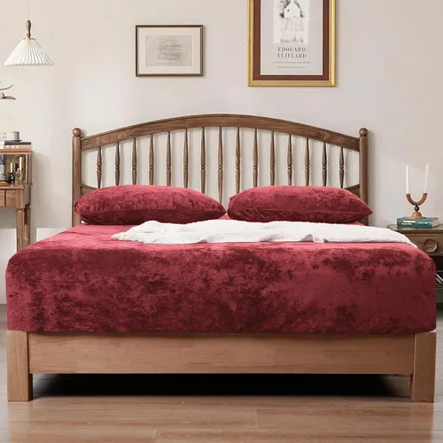 Miniatura 8 de PHF Sábana Bajera de Terciopelo Verdadero Tamaño King, Sábana Inferior de Felpa Super Suave y Acogedora de Lujo para Navidad, Bolsillo Profundo Rojo
