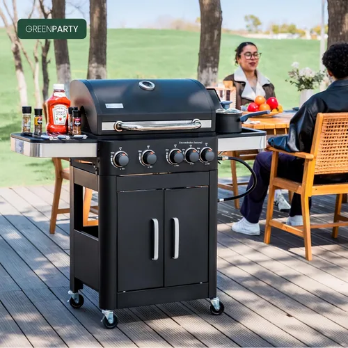Miniatura 10 de Parrilla de Barbacoa de Gas Propano 2 en 1 con Quemador Lateral y Rejilla de Hierro Fundido Esmaltada en Porcelana, Plancha Plana de 4 Quemadores