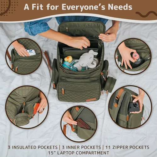 Miniatura 5 de Mochila grande para pañales para mamá y papá, bolsa de viaje unisex para bebé, 15 bolsillos, cambiador, correas para cochecito, elegante y lavable