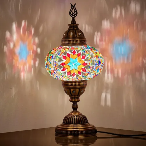 DEMMEX Lámpara de mesa de mosaico marroquí turco de globo grande de 7 pulgadas, hecha a mano estilo Tiffany de cristal colorido, luz de escritorio y