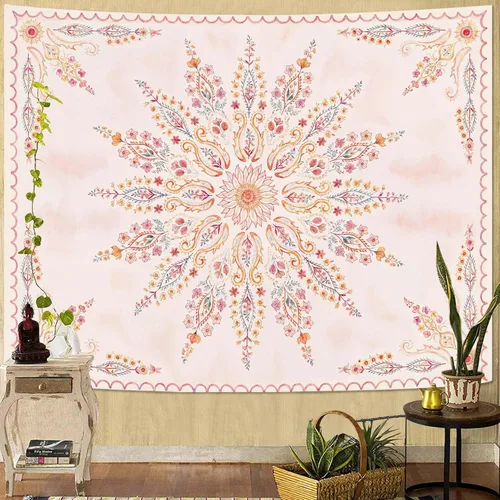 Miniatura 11 de Fowocu Tapiz bohemio con mandala floral para colgar en la pared, medallón de flores bohemias, tapiz estético, beige, naranja, hippie, indio, pequeño