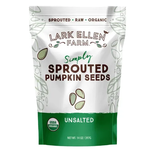 Lark Ellen Farm Semillas de calabaza orgánicas germinadas – Pepitas crudas, sin sal, secadas al aire para aperitivos, ensaladas, mezcla de frutos