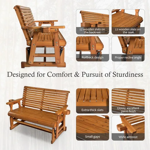 Miniatura 6 de Fortune Candy Planeador de Patio con Portavasos, Respaldo Alto Reclinable y Asiento Contorneado Profundo, Capacidad 800 Libras (Marrón, 2 Plazas)