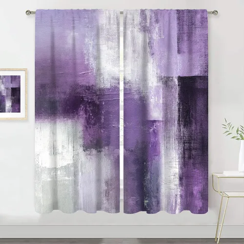 Miniatura 18 de MESHELLY Cortinas Rojas Abstractas 42Wx63H Pulgadas Bolsillo para Varilla Bloques Rústicos Borgoña Marrón Pintura al Óleo Casa de Campo Dormitorio