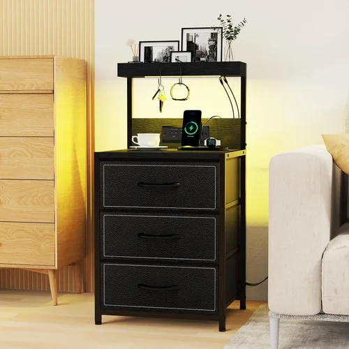 Miniatura 8 de SZLHANJZ - Mesita de noche LED con estación de carga, mesita de noche con 3 cajones y luces, mesa auxiliar de almacenamiento con estante y ganchos