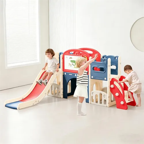 Miniatura 9 de Juego para exteriores 11 en 1 con tobogán y columpio, parque infantil interior para niños, con aro de baloncesto, pasillo extralargo, tobogán