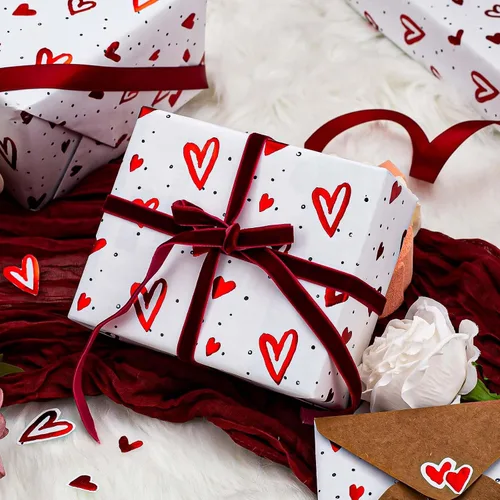 Miniatura 6 de Homeral Rollo de papel de regalo de estraza en relieve, papel de regalo de lujo en 3D con corazón de papel de aluminio rojo para el día de San