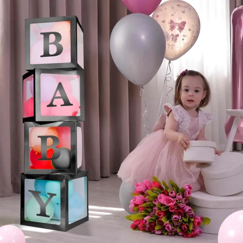 Miniatura 6 de Cajas de bebé con 4 letras para baby shower, caja de globos transparentes color negro, bloques de decoración de revelación de género y fiesta
