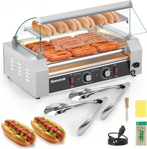 Seeutek Rodillo para perros calientes con 7 rodillos, 24 perros calientes, capacidad de 1100 W, tostadora de perro caliente inoxidable con luz LED,