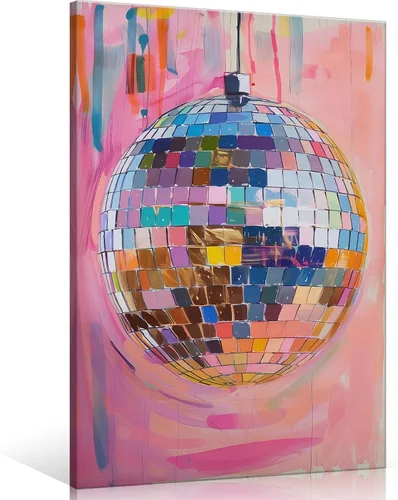 Miniatura 17 de Arte de Pared en Lienzo de Bola de Discoteca Rosa Suave de Moda, Póster con Textura de Bola de Espejo Plateada Funky para Chica, Impresión