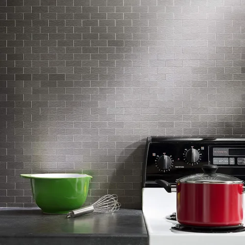 Miniatura 2 de Azulejos adhesivos de Aspect para salpicadero, de metal mate, diseño de tipo metro, para cocina y baño, Plateado