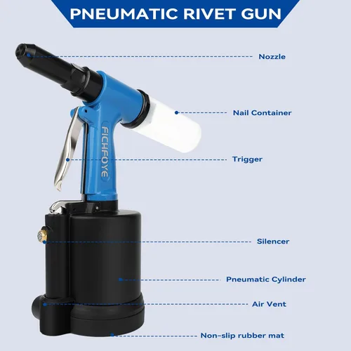 Miniatura 3 de Pistola de remache neumática resistente, 3500 lbf Rivet Gun Set- 3/32", 1/8", 5/32", 3/16" con NPT 1/4 pulgadas para industrias automotriz, Azul