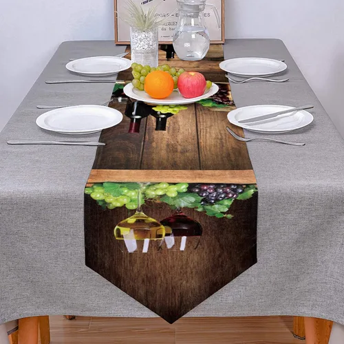 Miniatura 4 de Camino de mesa de arpillera, bufandas de copa de vino tinto, barril de madera, uva, camino de mesa de lino duradero para mesa, granja, decoración
