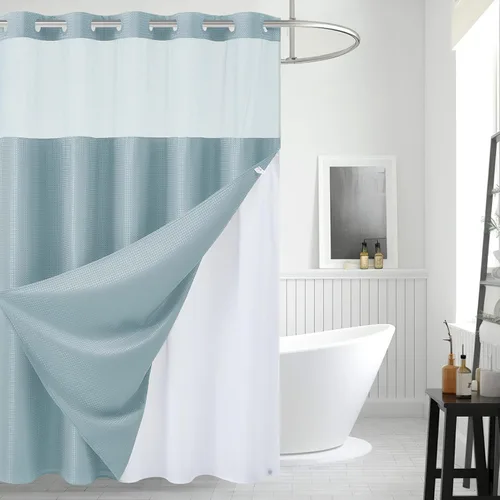 Miniatura 13 de Furlinic - Cortina de ducha para cabina sin ganchos con forro a presión, cortinas de baño de tejido gofre impermeables con ventana superior Beige