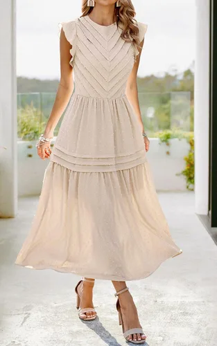 Miniatura 2 de Angashion Vestido largo de verano para mujer, casual, cuello redondo, manga casquillo, lunares suizos, plisado, liso, largo, vestido skater