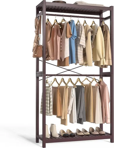 Miniatura 15 de Homykic Perchero de bambú para colgar ropa, perchero resistente con estantes ajustables de 7 niveles, varillas dobles, 4 ganchos, sistema de armario