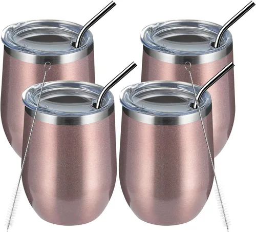 Miniatura 14 de MEWAY Vaso de vino sin tallo de 12 onzas con tapa, vaso de viaje de acero inoxidable con aislamiento de doble pared al vacío con popote, para Negro