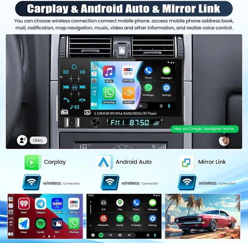 Miniatura 2 de Estéreo de coche de un solo DIN con Carplay inalámbrico y Android Auto, 5.5 "1 DIN pantalla táctil Radio de coche con Bluetooth FM Radio espejo