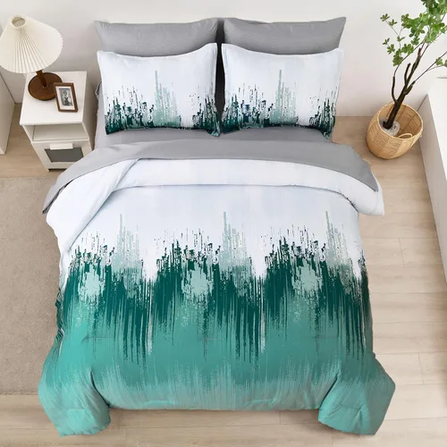Miniatura 2 de WONGS BEDDING Juego de edredón Queen, Aqua 7 piezas cama en una bolsa arte abstracto colorido degradado juego de ropa de cama de microfibra, 1