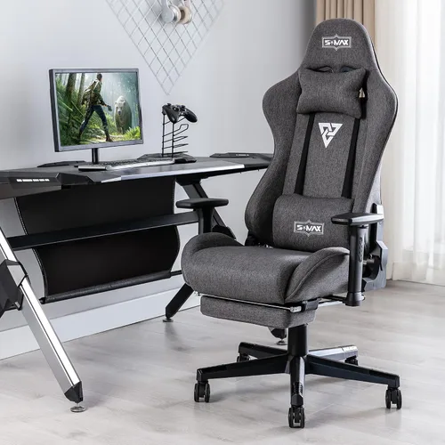 Miniatura 2 de S*MAX Silla de juegos de tela con reposapiés, asiento grueso, silla ergonómica para juegos con reposabrazos 3D, sillas de tela transpirable para Gris